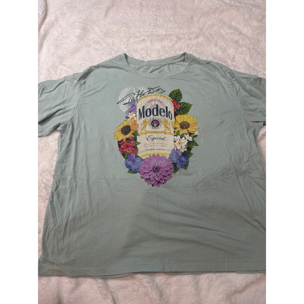 Modelo Graphic Tee Women XL Sage Green Excellent Floral Beer T-Shirt